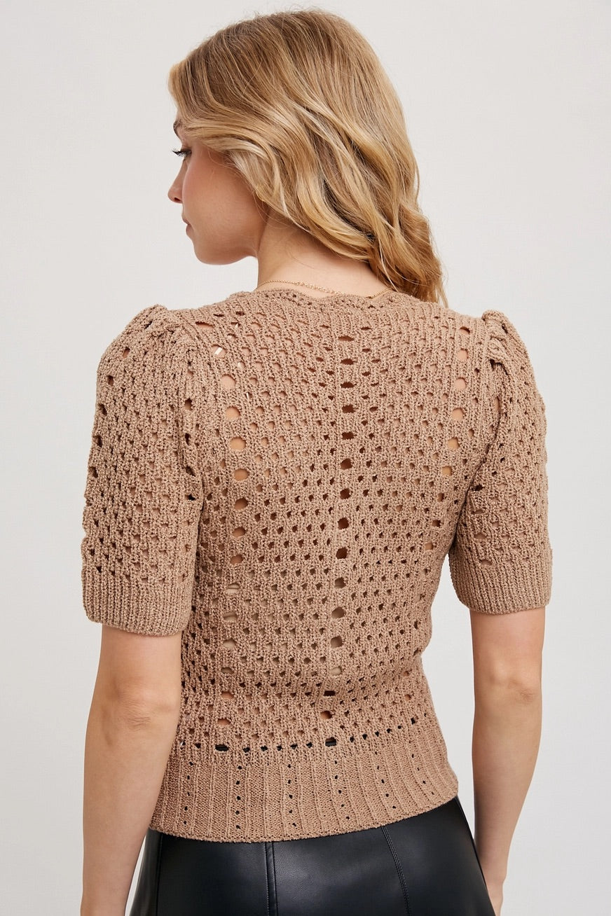 Boho-Chic Latte Knit Button Down Short Sleeve Top