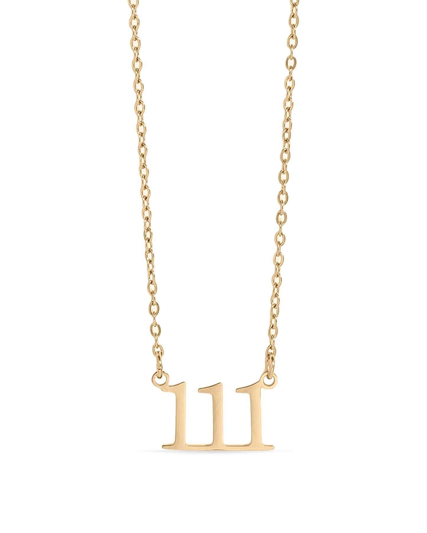 Gold waterproof necklace with the number '111' pendant on a white background.
