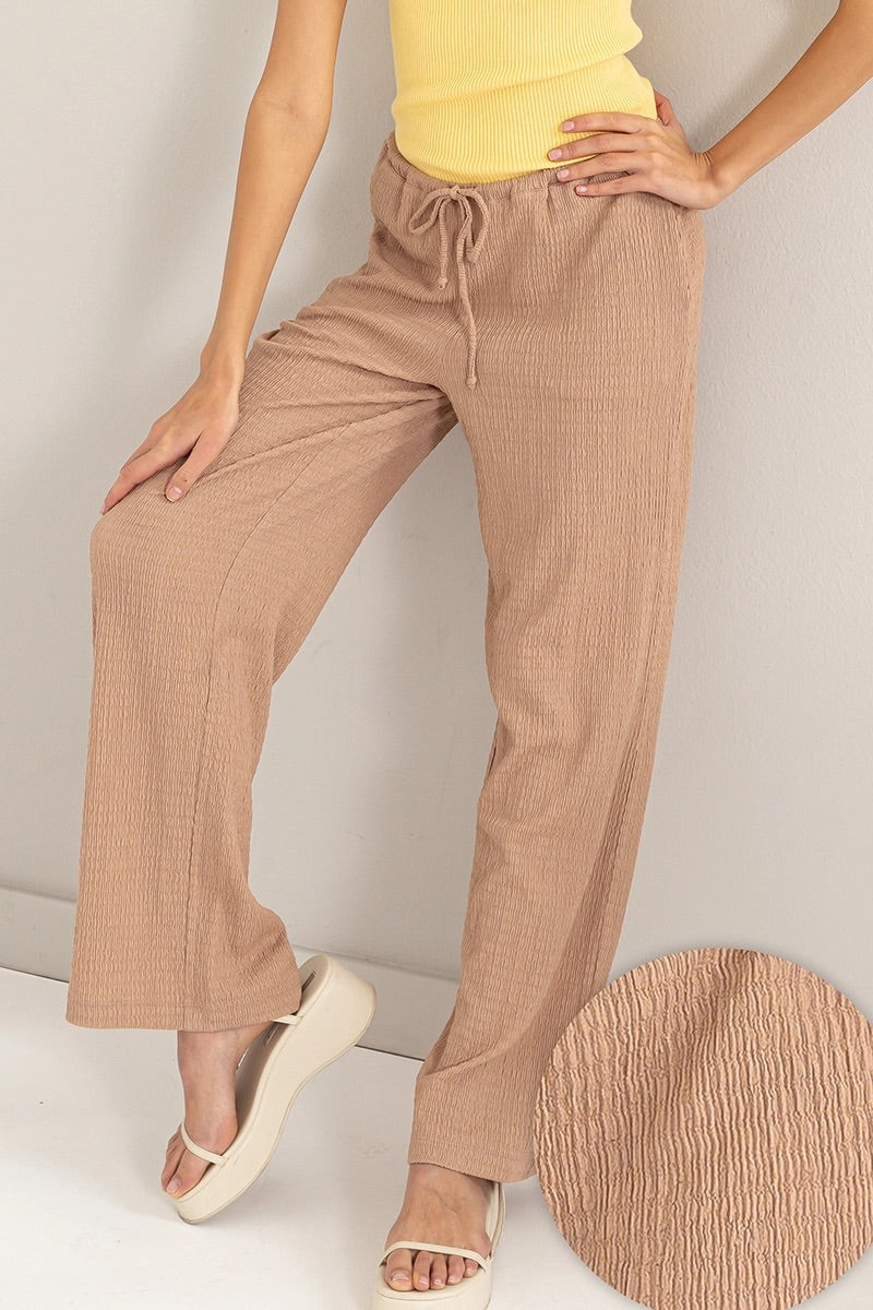 Tan Crinkle Knit Wide Leg Drawstring Pants