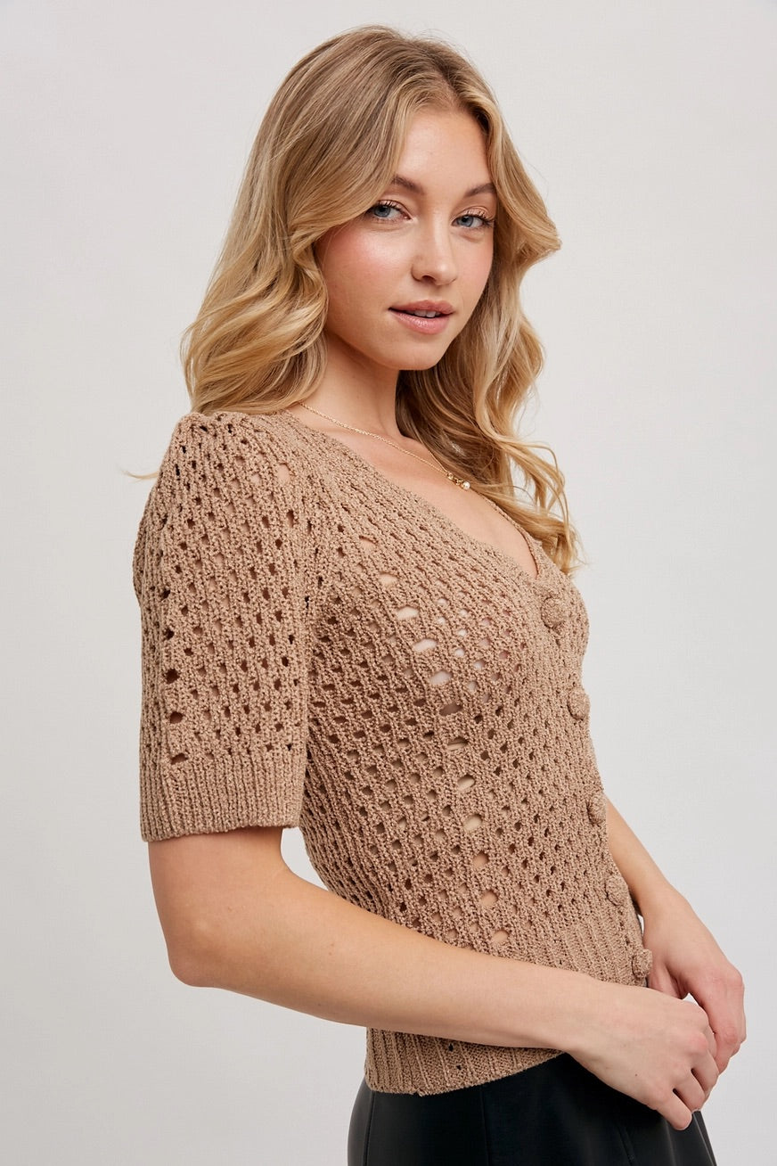 Boho-Chic Latte Knit Button Down Short Sleeve Top