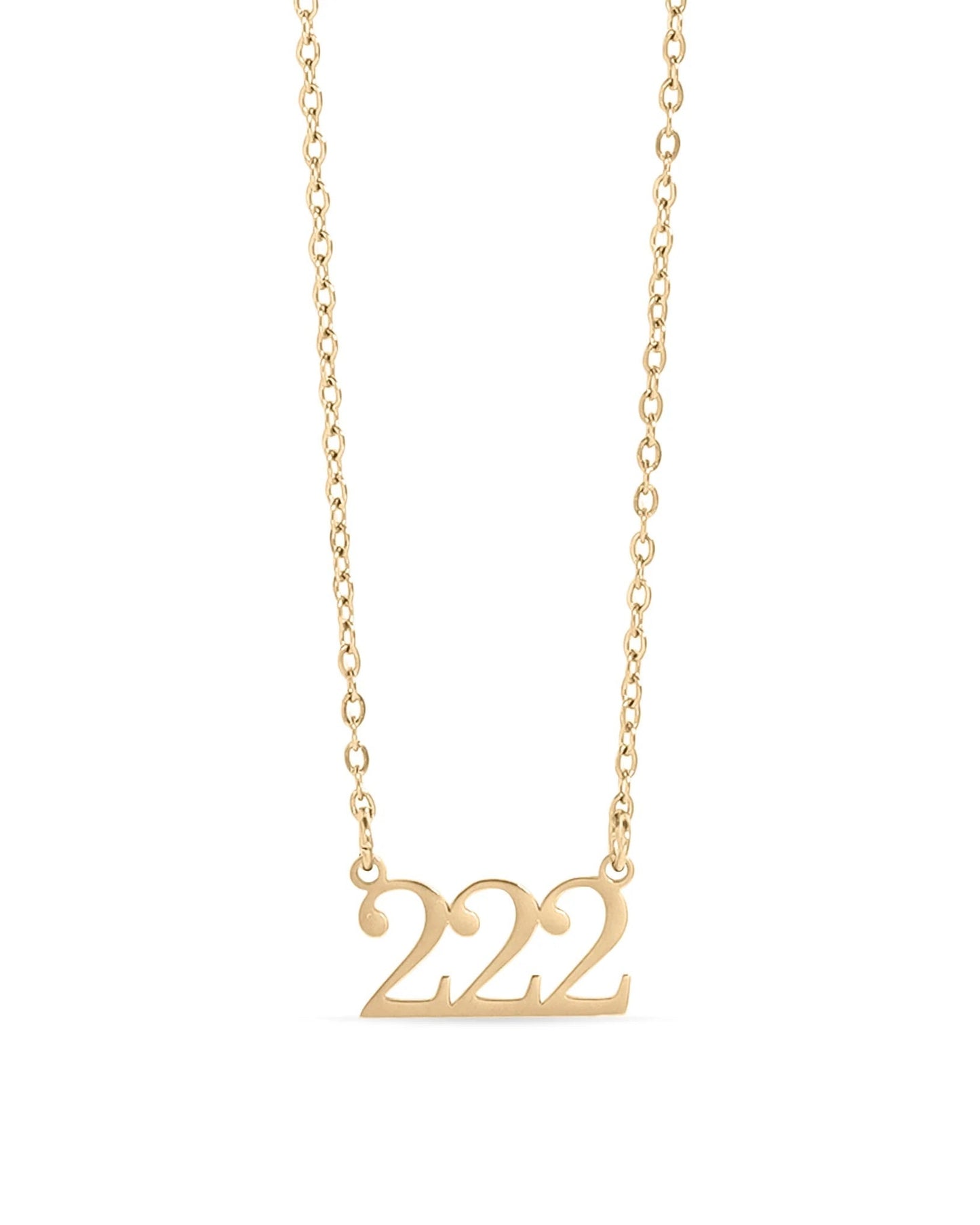 Gold waterproof necklace with '222' pendant on a white background.