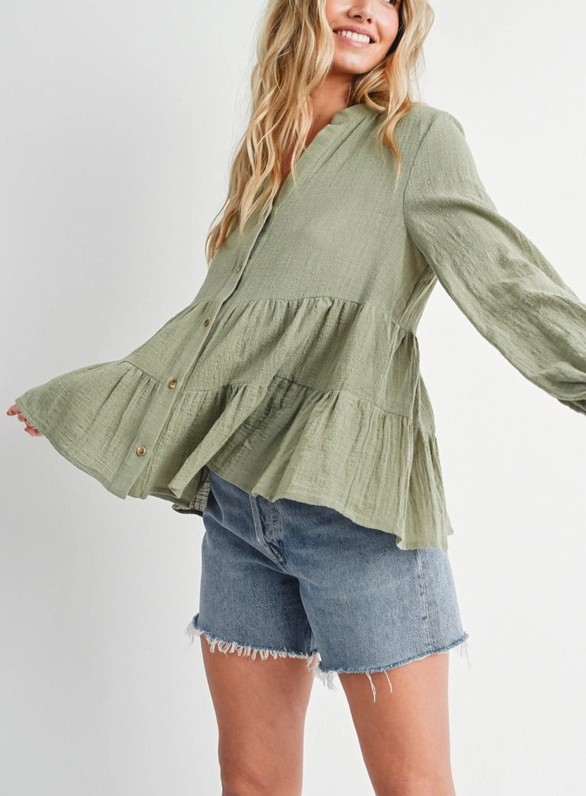 100% Cotton Sage Tiered Rustic Blouse