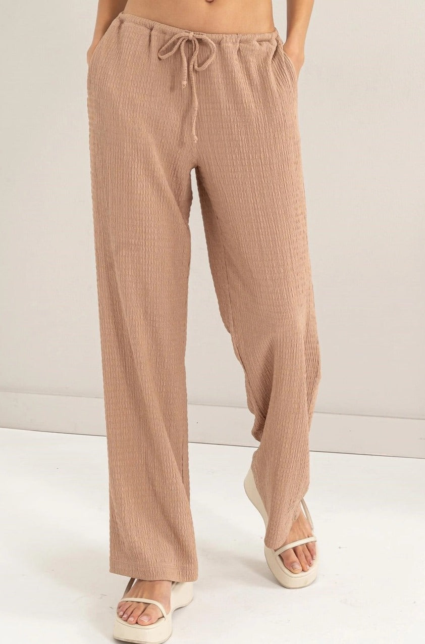 Tan Crinkle Knit Wide Leg Drawstring Pants