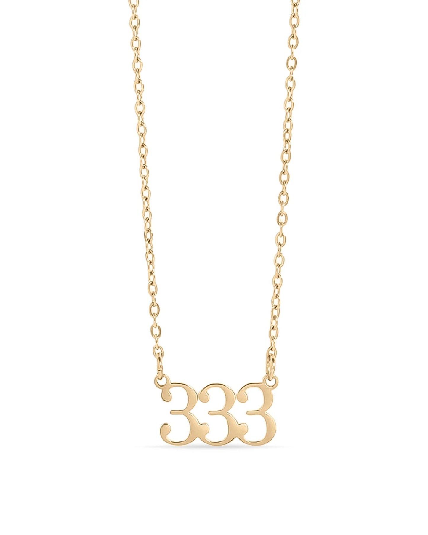 Gold waterproof necklace with '333' pendant on a white background.