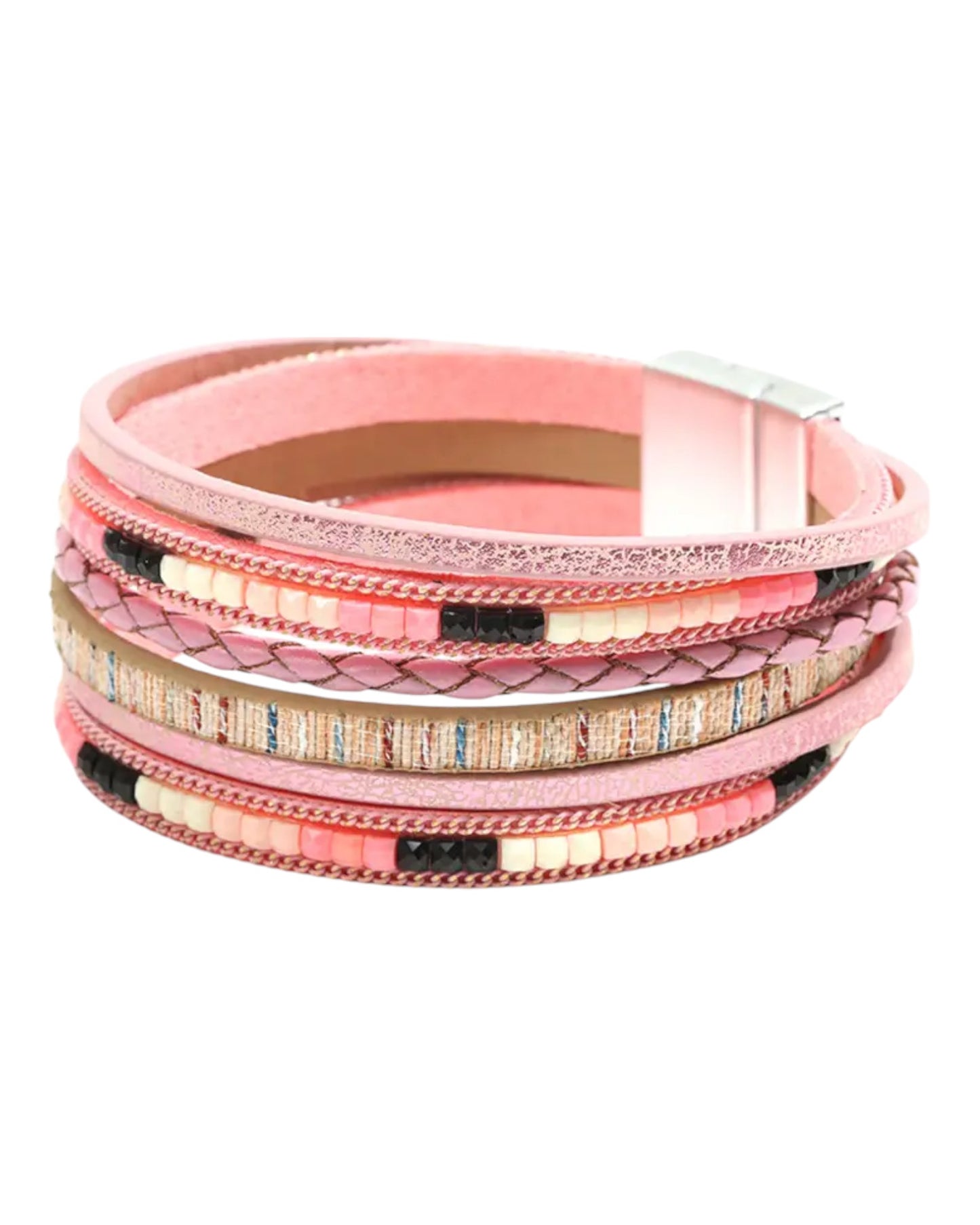 Pink Boho Woven Leather and Bead Bracelet