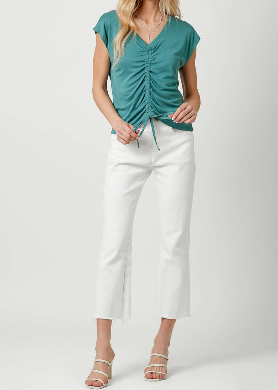 Teal ruched front cap sleeve top with v-neck and drawstring detail.
