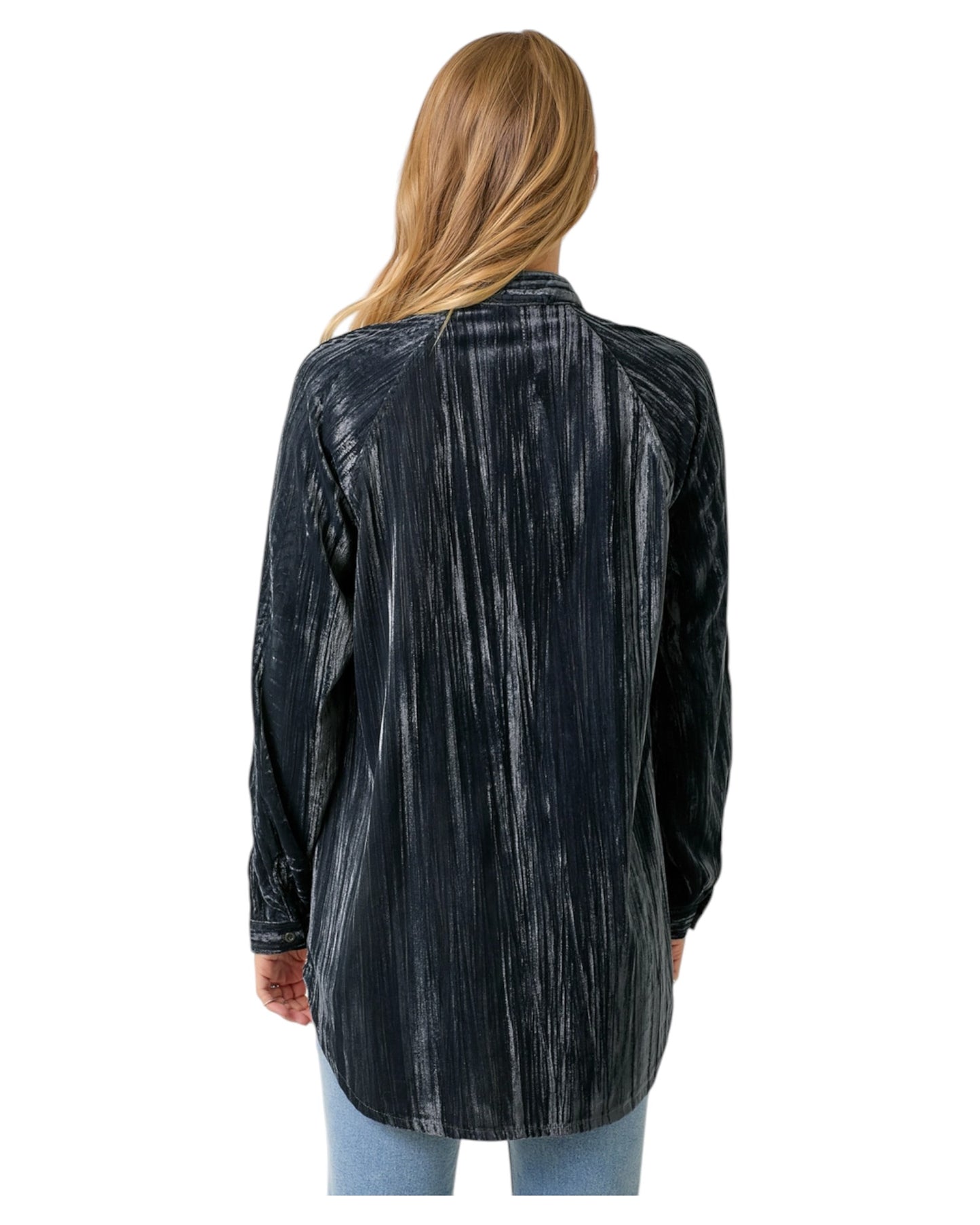 Woman wearing a Charcoal Velvet Long Sleeve Tunic Top.