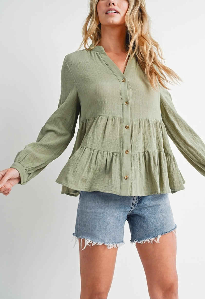 100% Cotton Sage Tiered Rustic Blouse