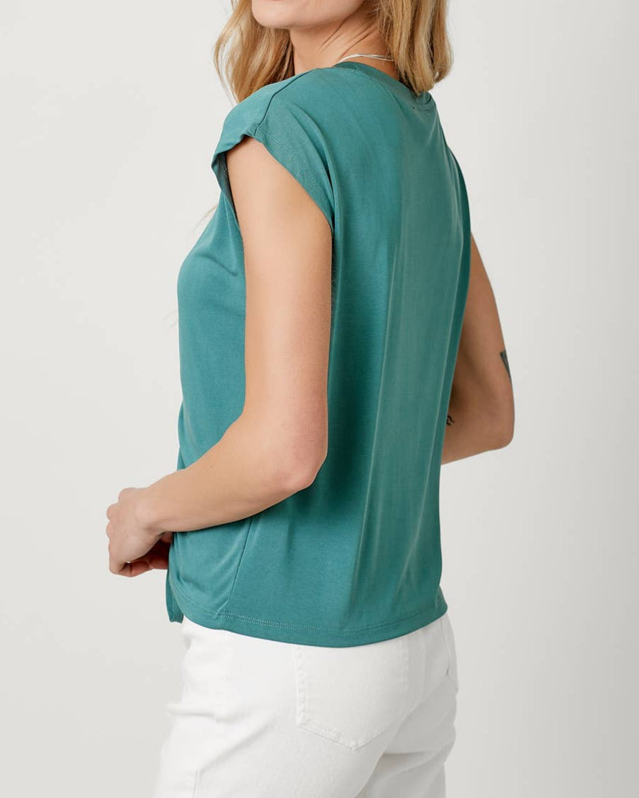 Teal ruched front cap sleeve top with v-neck and drawstring detail.