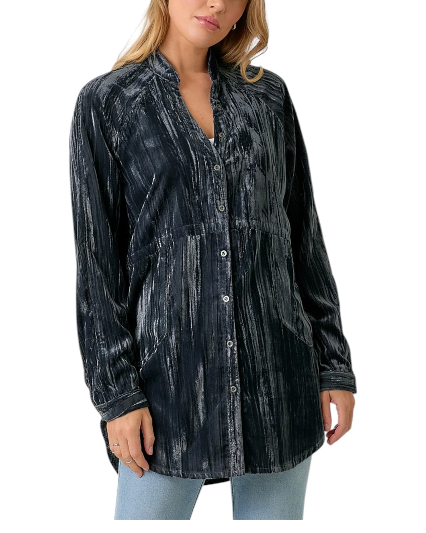 Woman wearing a Charcoal Velvet Long Sleeve Tunic Top.