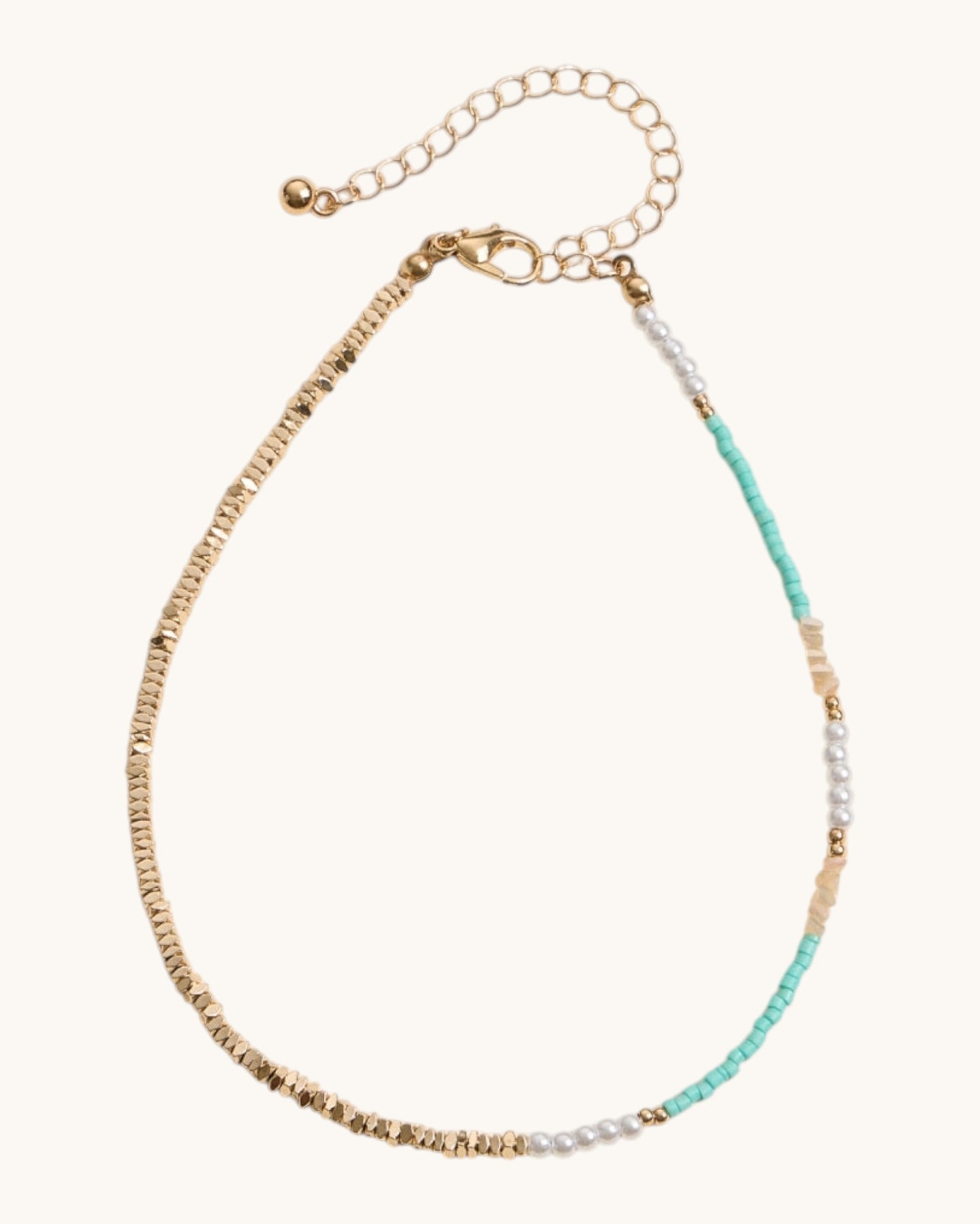 Detail shot of Summer Lovin Glass Bead and Pearl Anklet adjustable chain closure with faux pearl and bead accents in Mint.