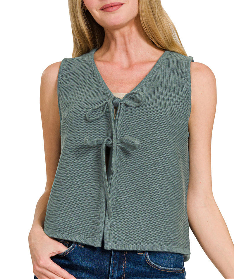 Ash Jade Tie Front Cotton Sleeveless Cardigan