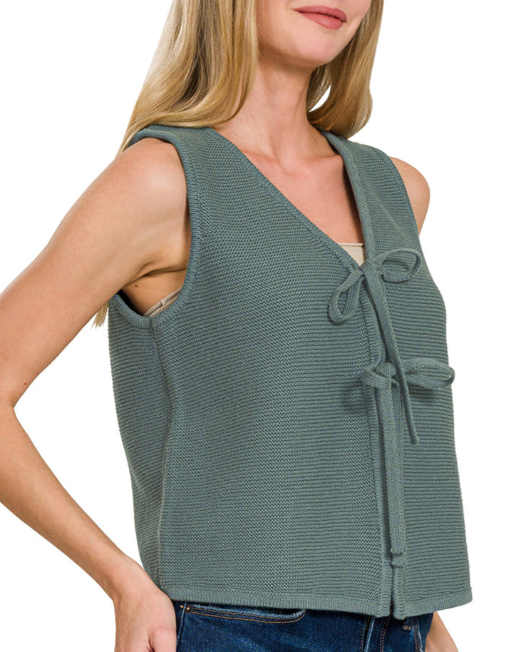 Ash Jade Tie Front Cotton Sleeveless Cardigan
