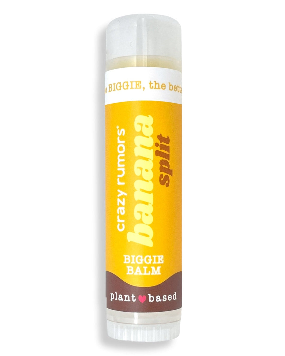 Banana split lip balm with yellow label on a white background.
