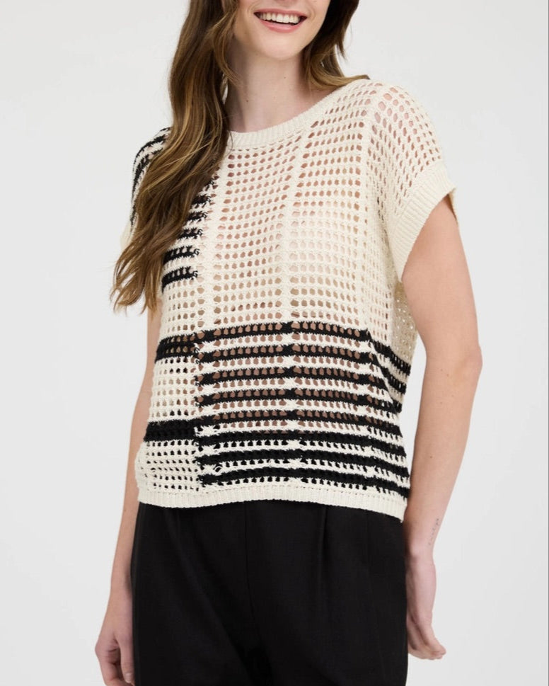 Black and cream sheer crochet short sleeve top with relaxed fit.