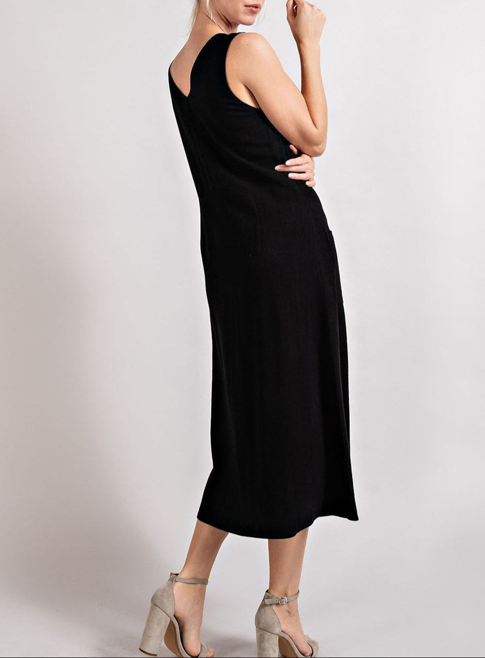 Black Button Up Linen Midi Dress.