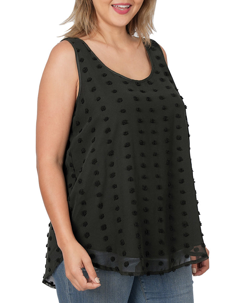 Curvy black sleeveless tank top with Swiss dot texture and relaxed fit.