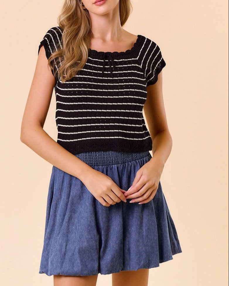 Vintage-inspired black and tan crochet stripe top with square neckline.