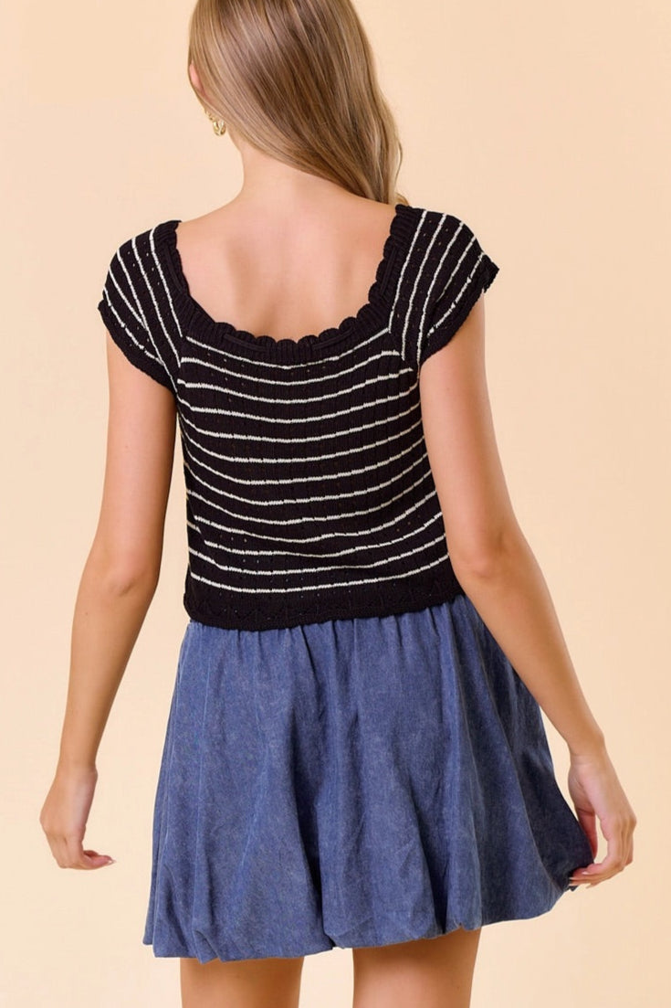 Vintage-inspired black and tan crochet stripe top with square neckline.