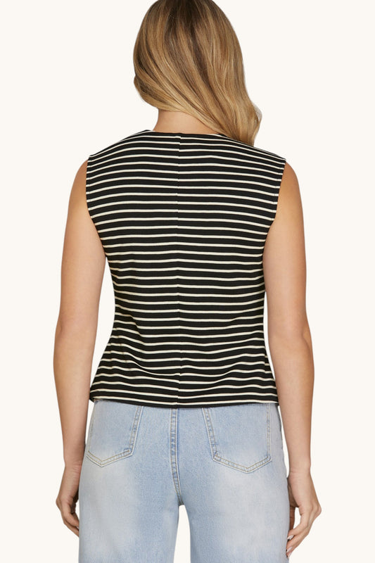 Back view of a black sleeveless vest with Ivory stripes.