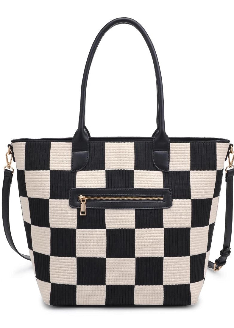 Black and white checkered tote bag with a gold zipper on a white background.
