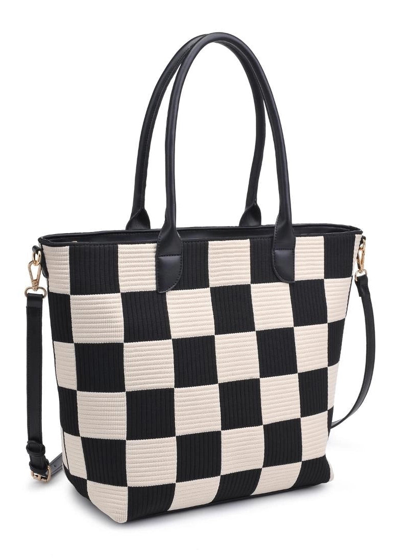 Black and white checkered tote bag on a white background.