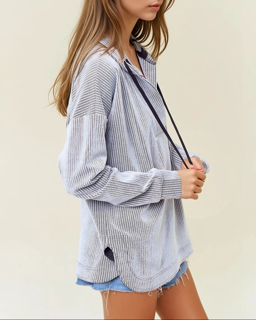 Off white and black striped ribbed hoodie with V neckline.