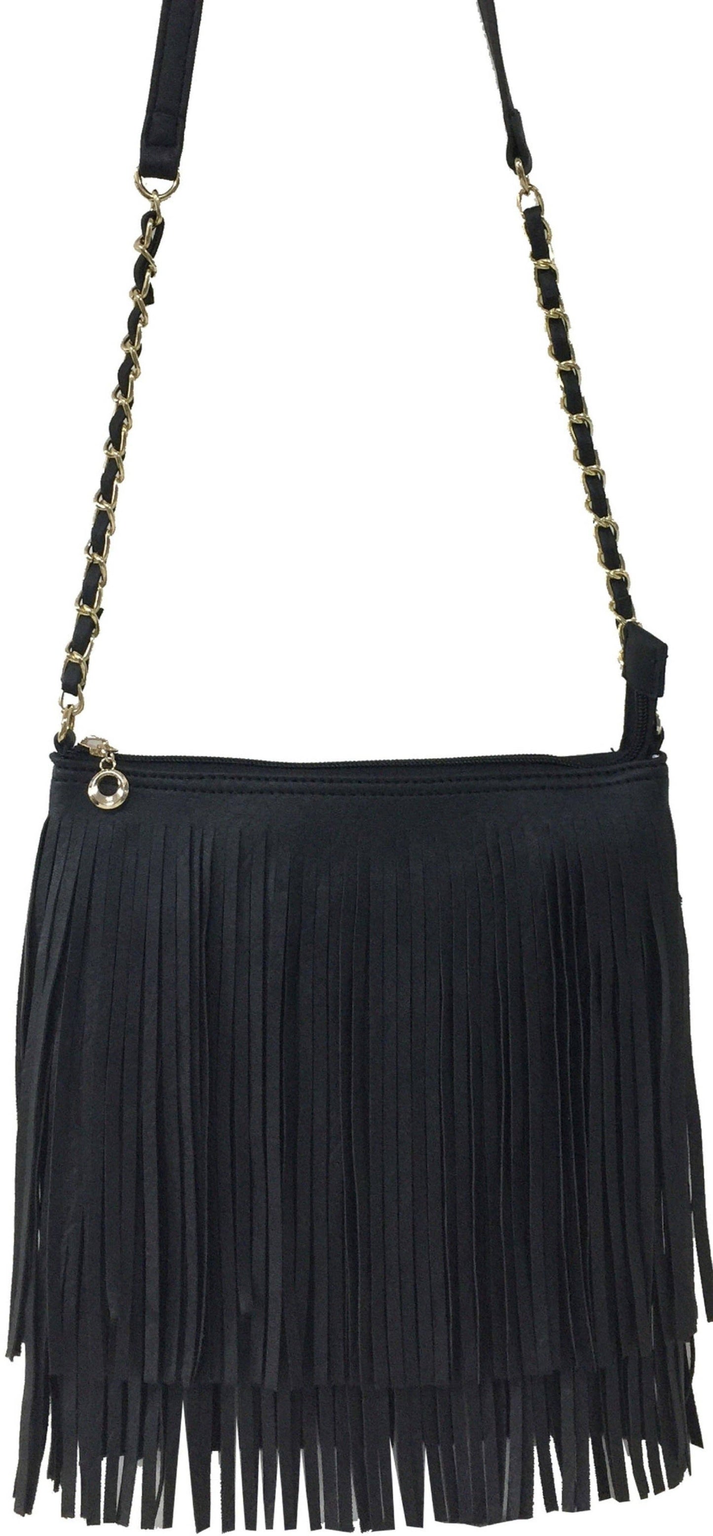 Black faux leather fringe crossbody bag with gold hardware and zip top.