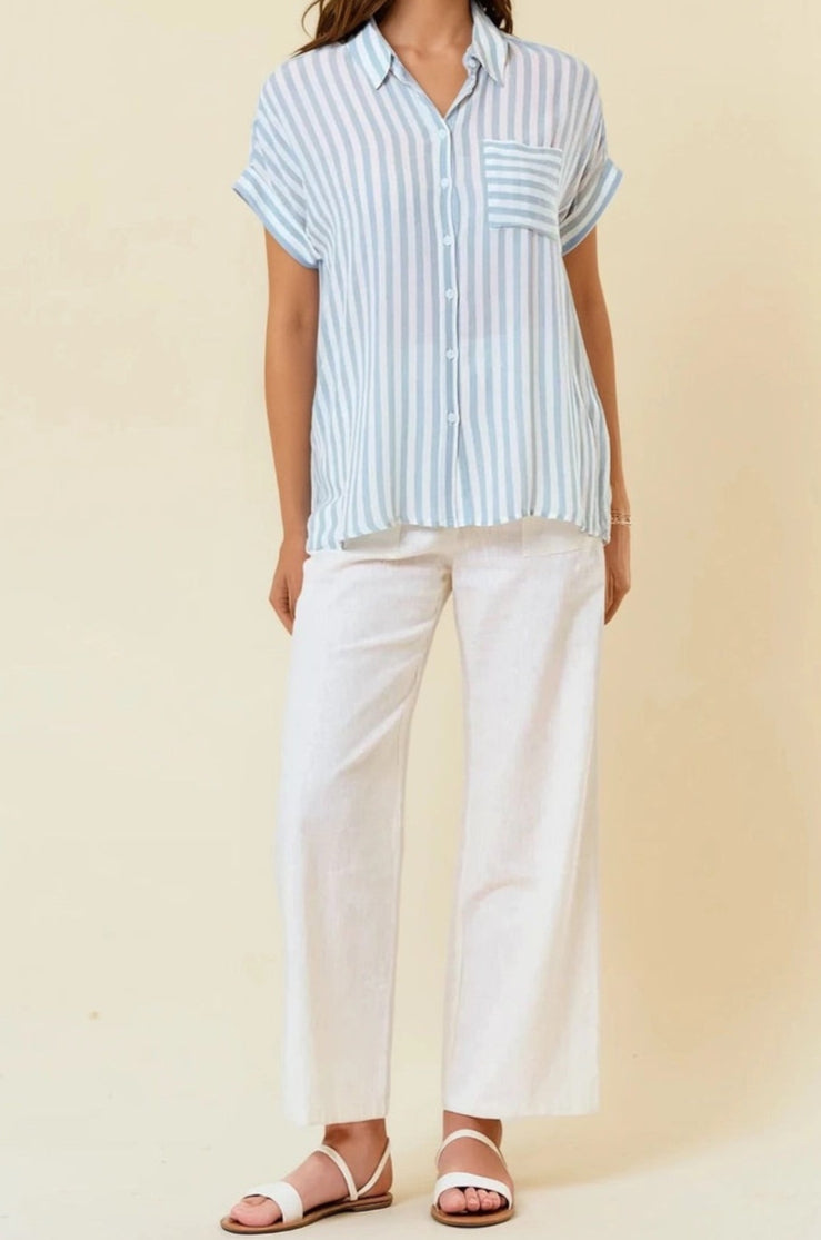Lightweight Blue and white striped short sleeve button-up with front pocket and collar.
