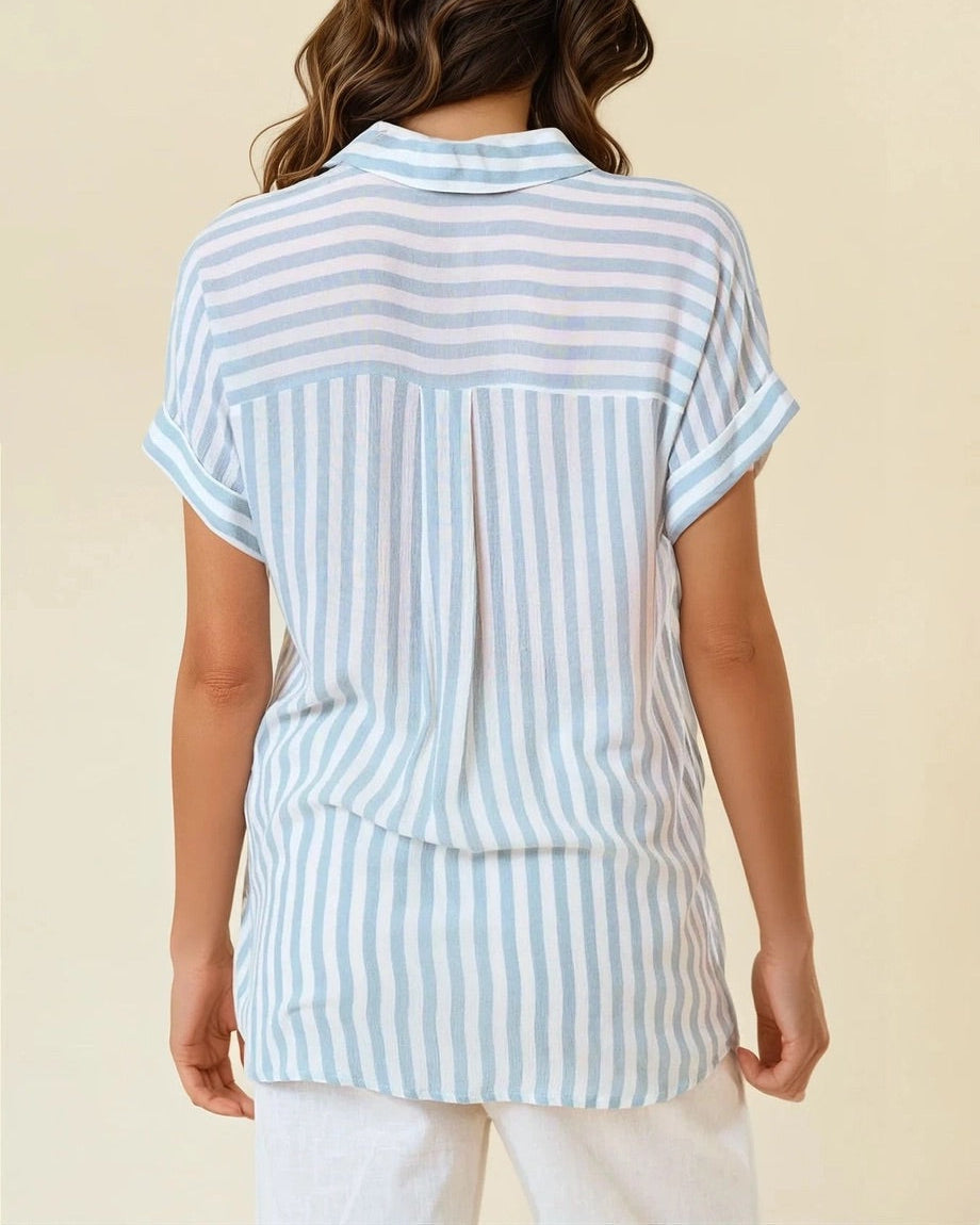 Lightweight Blue and white striped short sleeve button-up with front pocket and collar.