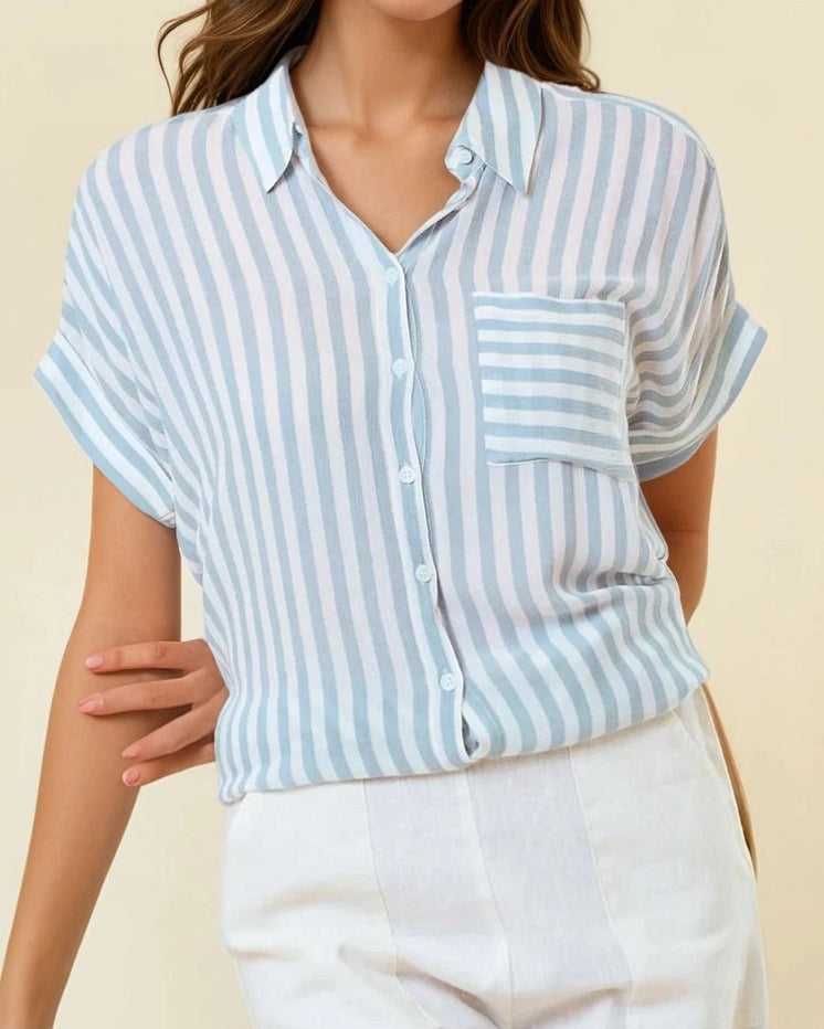 Lightweight Blue and white striped short sleeve button-up with front pocket and collar.