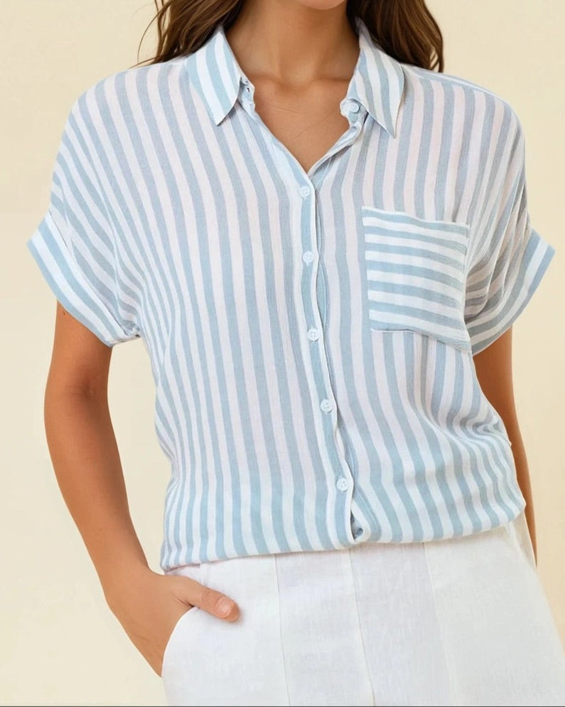 Lightweight Blue and white striped short sleeve button-up with front pocket and collar.