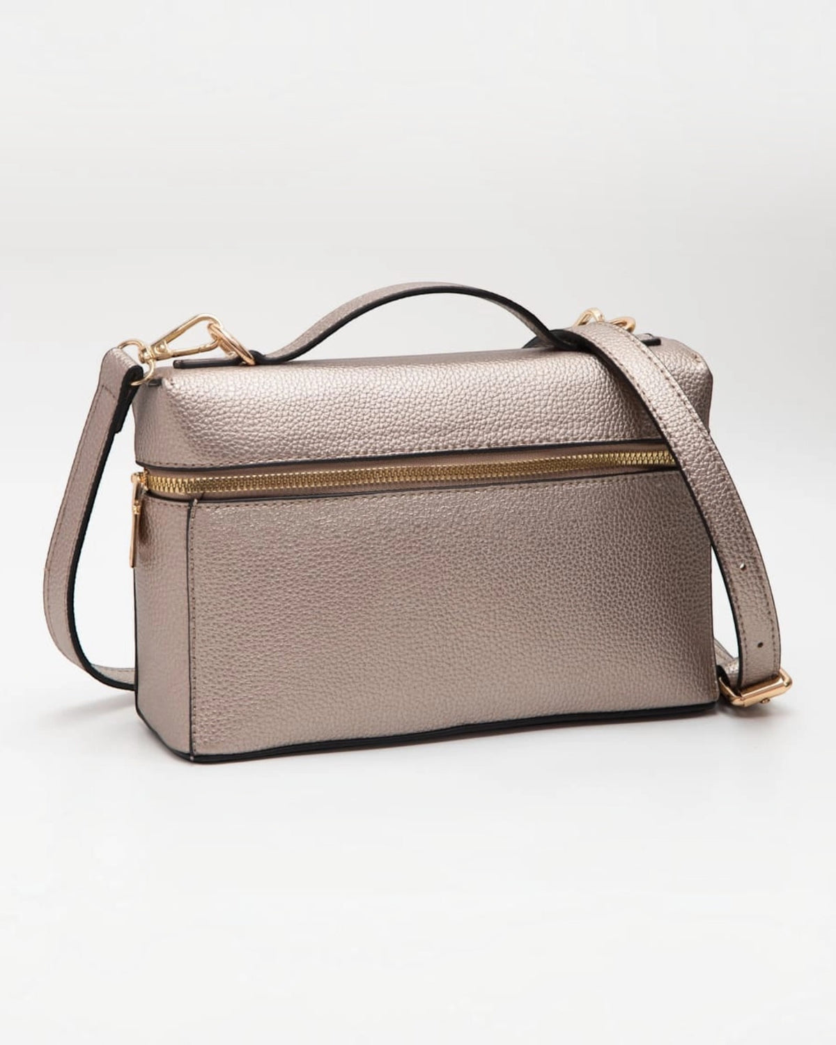 Bronze Top Handle Crossbody Pebbled Faux Leather Handbag with adjustable and removable shoulder strap and gold hardware.