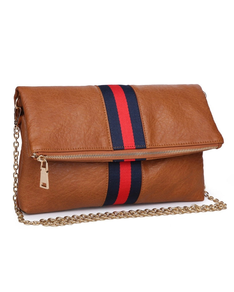Brown vegan leather fold over clutch bag with sporty navy and red stripe, zipper and gold strap.