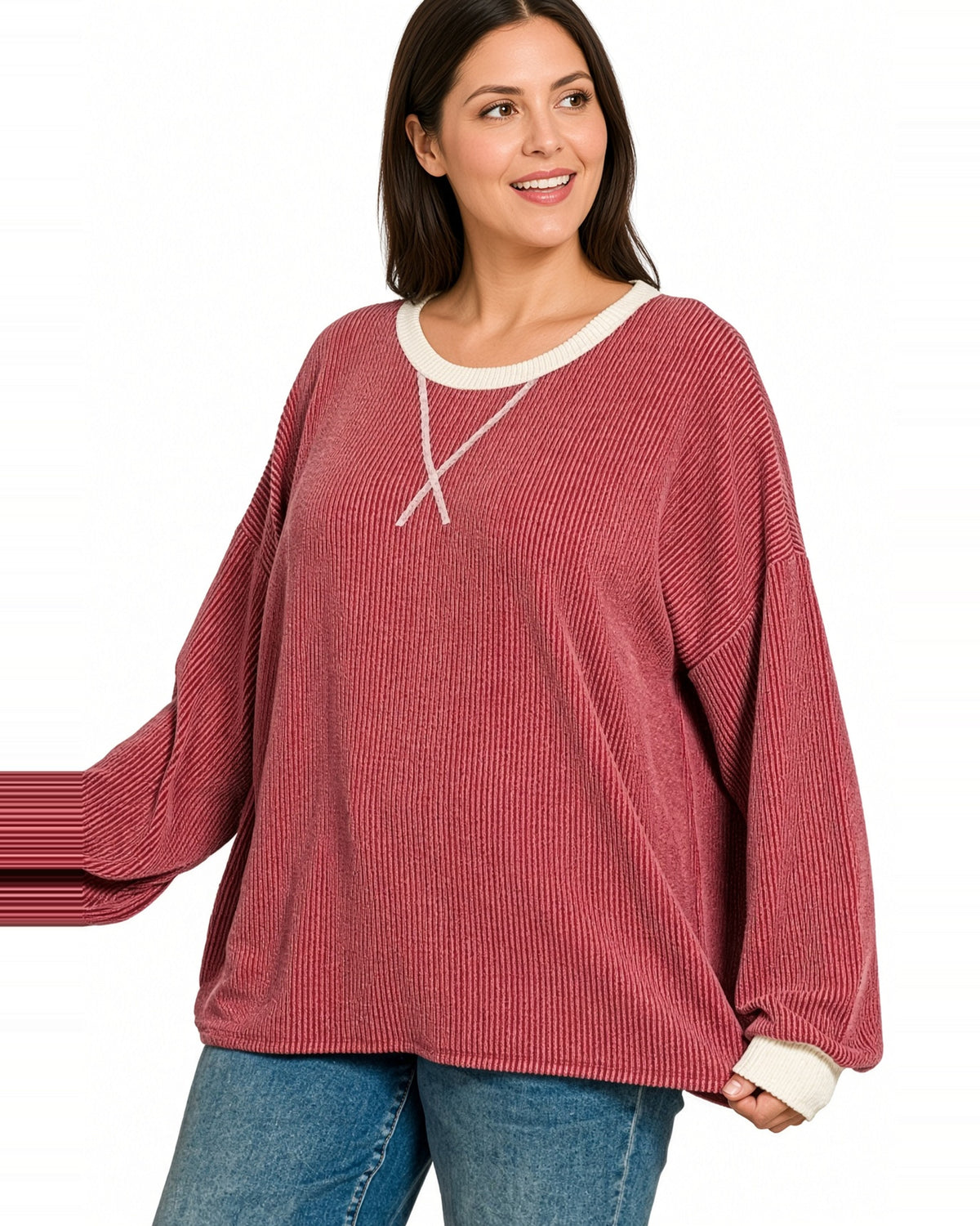 Bordeaux Contrast Crewneck Long Sleeve Top (Curvy)