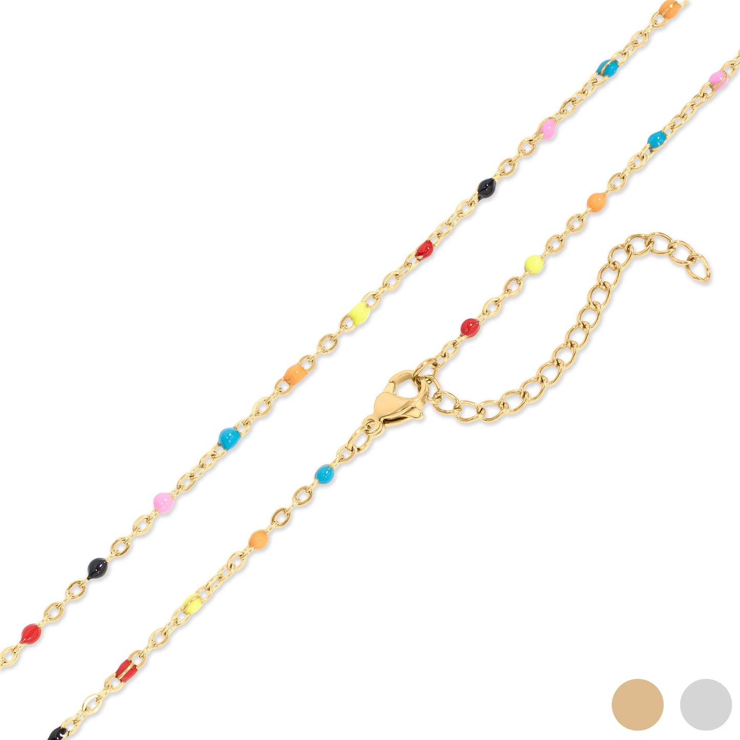 Gold chain necklace with colorful beads on a white background.