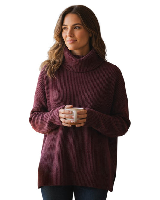 Woman wearing a maroon turtleneck sweater holding a mug on a white background.