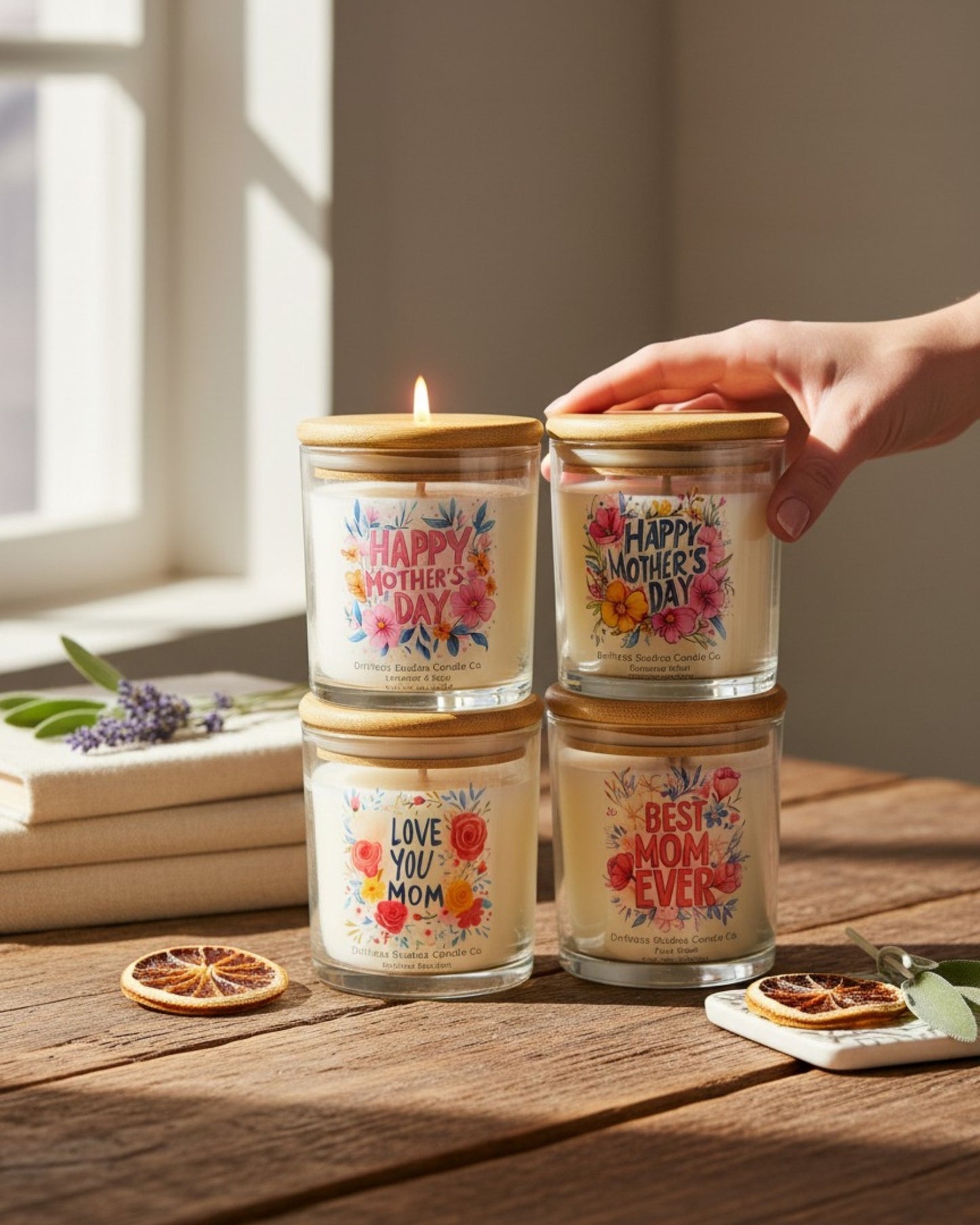 Stack of 'Happy Mother's Day' candles on a wooden surface with a hand reaching for one.