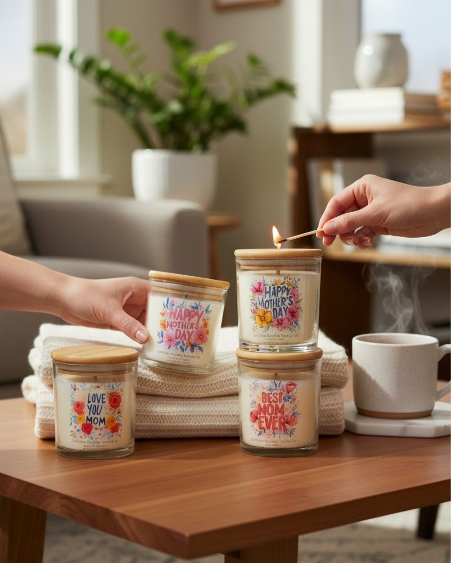 Candles with Mother's Day messages on a table in a cozy living room.