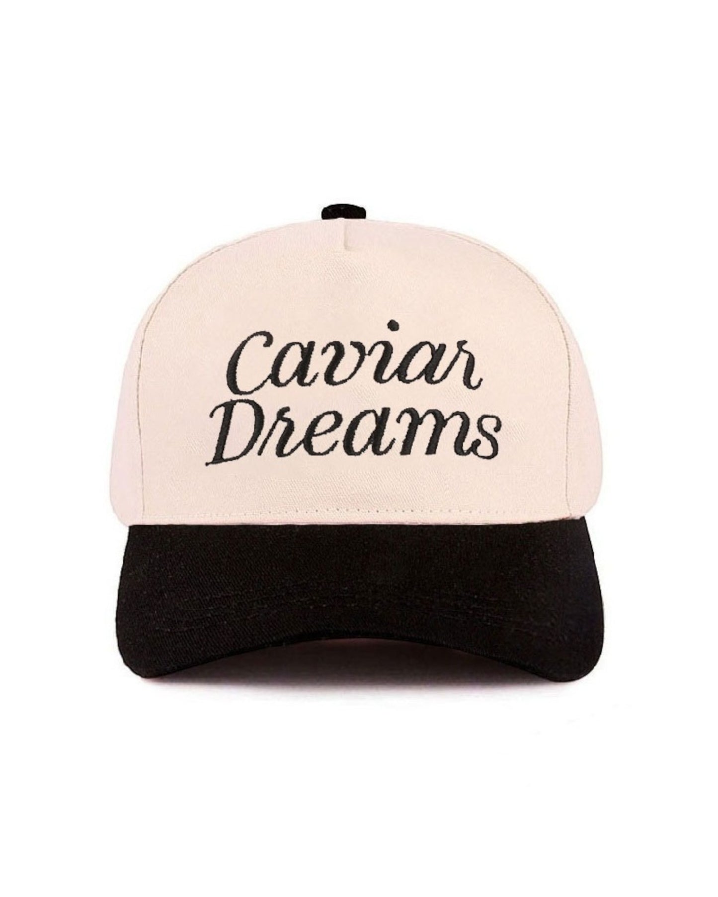 Cap with 'Caviar Dreams' black text on a white background