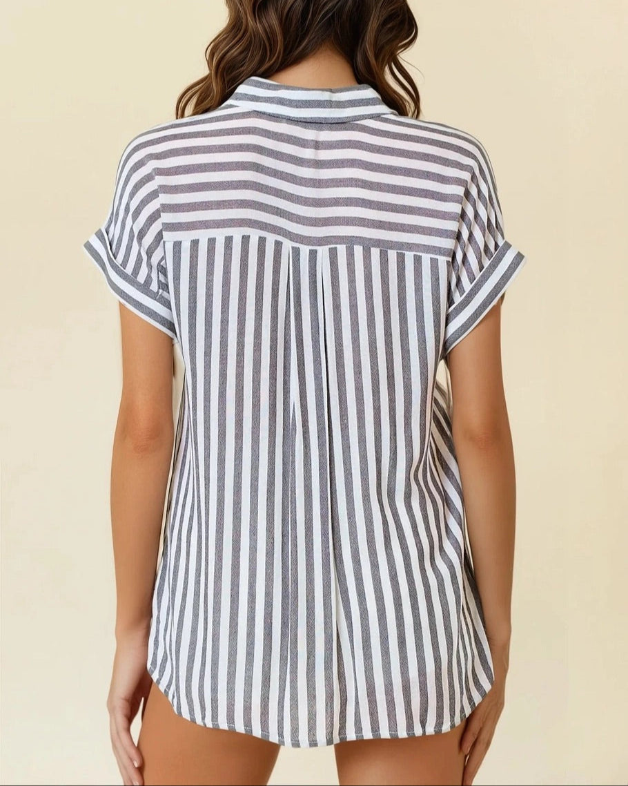 Charcoal and white striped short sleeve button-up with front pocket and collar.