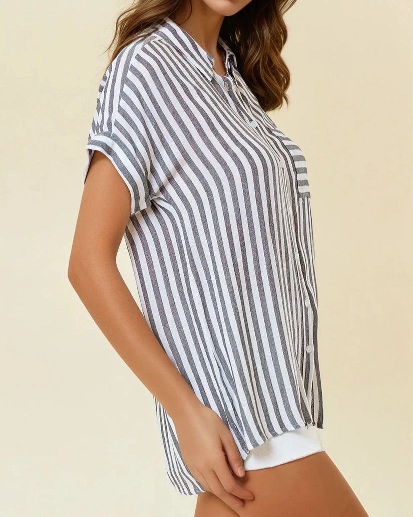 Charcoal and white striped short sleeve button-up with front pocket and collar.