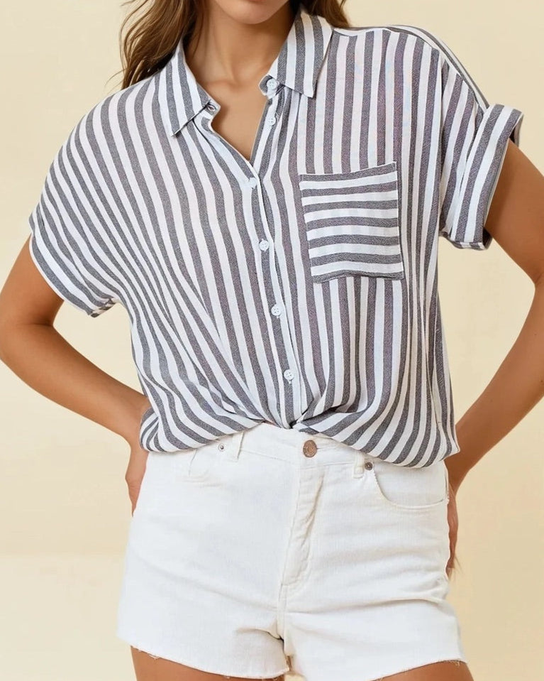 Charcoal and white striped short sleeve button-up with front pocket and collar.