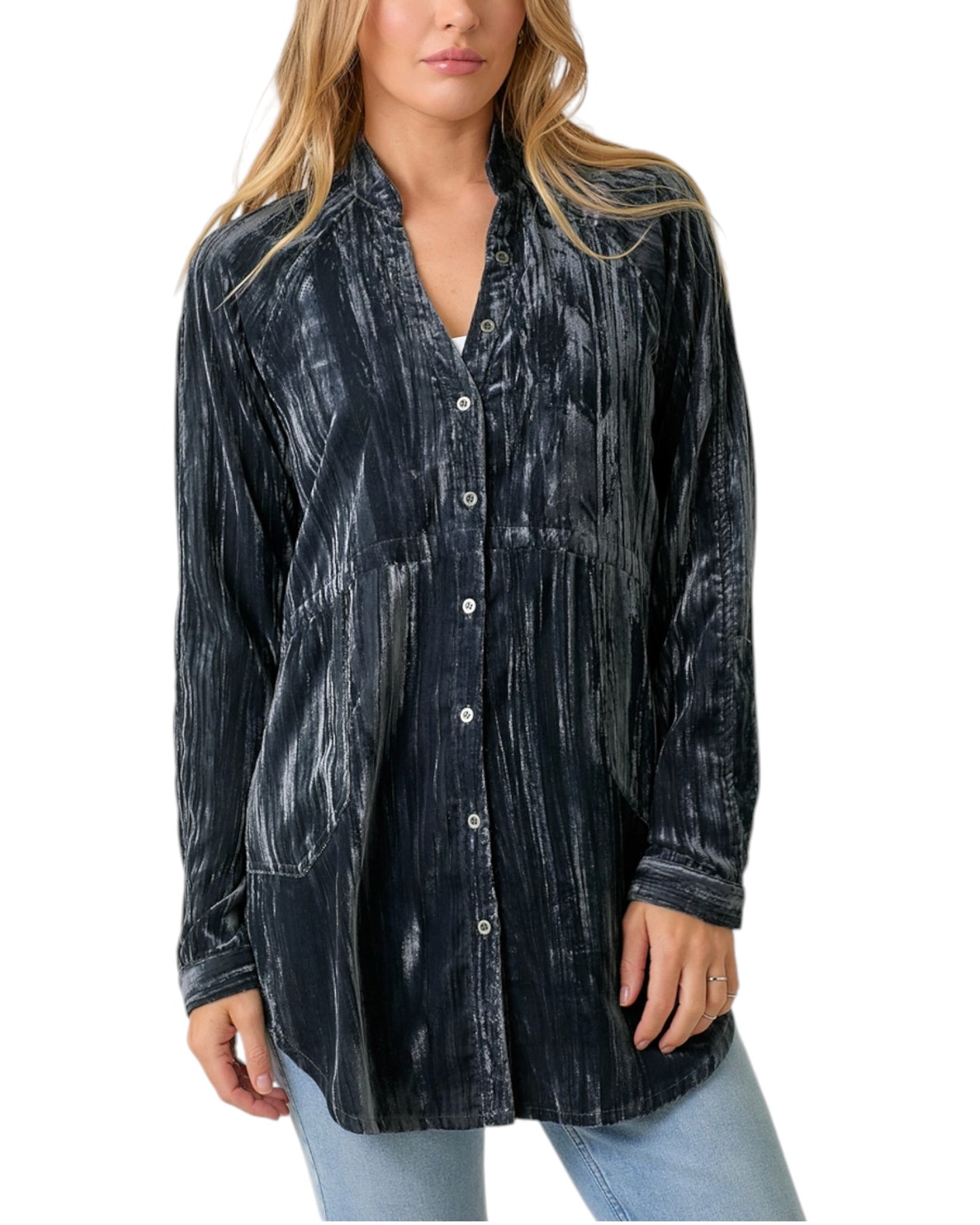 Woman wearing a Charcoal Velvet Long Sleeve Tunic Top.