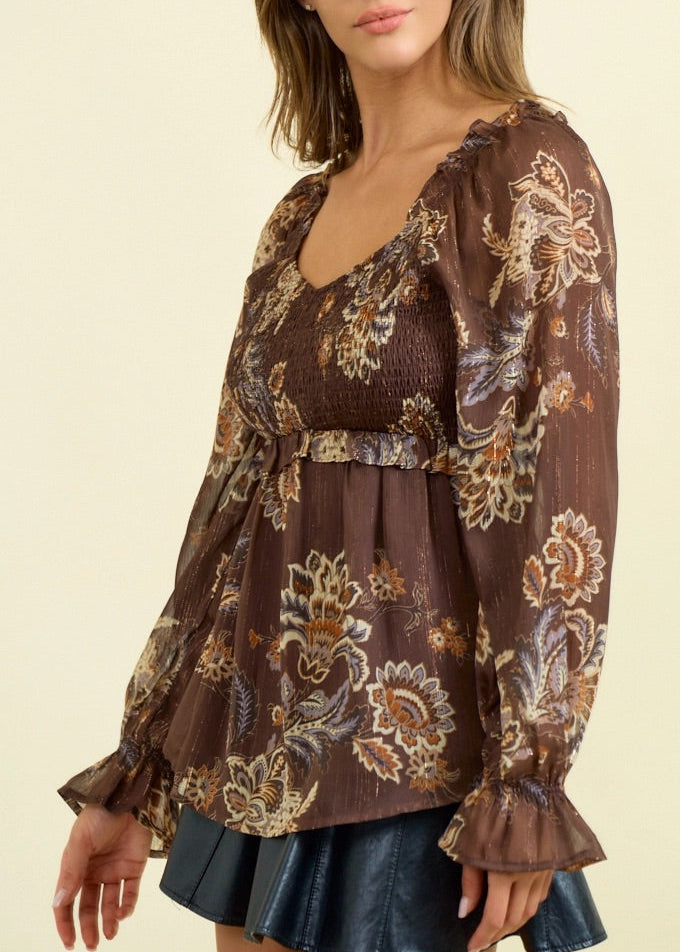 Chocolate Paisley Boho Top with smocked bodice and semi-sheer long sleeves.