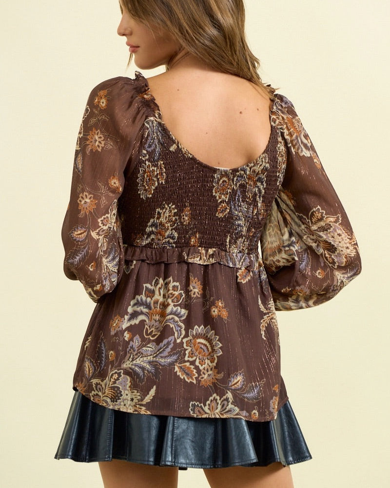 Chocolate Paisley Boho Top with smocked bodice and semi-sheer long sleeves.
