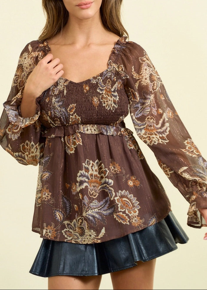Chocolate Paisley Boho Top with smocked bodice and semi-sheer long sleeves.