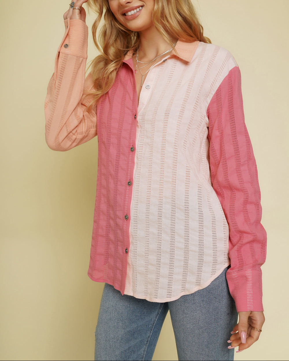 Peach and pink colorblock button-down shirt with embroidered stripes.