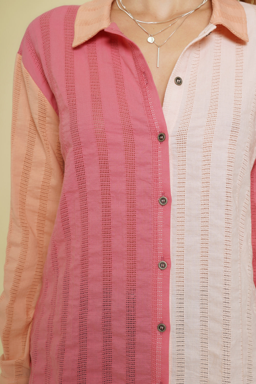 Peach and pink colorblock button-down shirt with embroidered stripes.