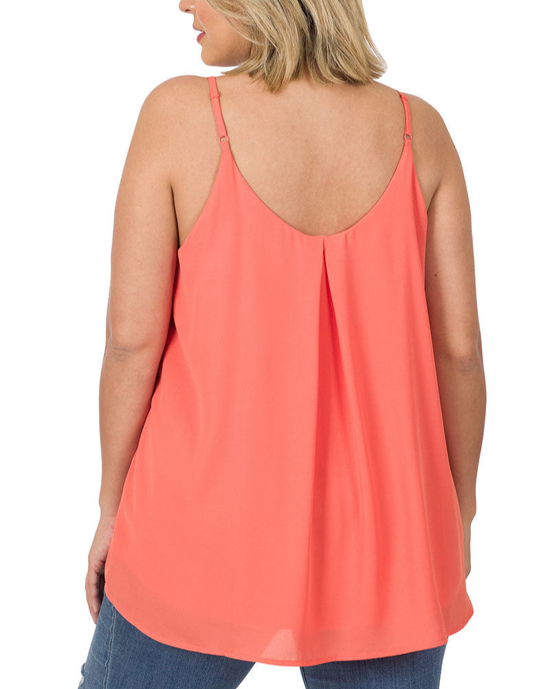 Curvy deep coral pleated tank top with adjustable spaghetti straps and relaxed fit.